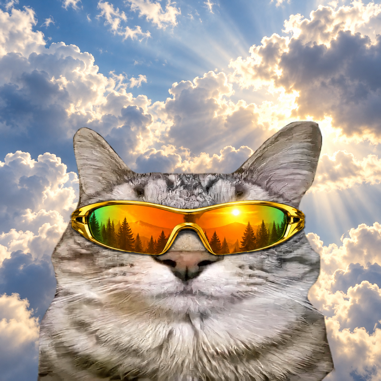 Cloud Mog, a silver cat in golden reflective sunglasses, surrounded by sunlit clouds